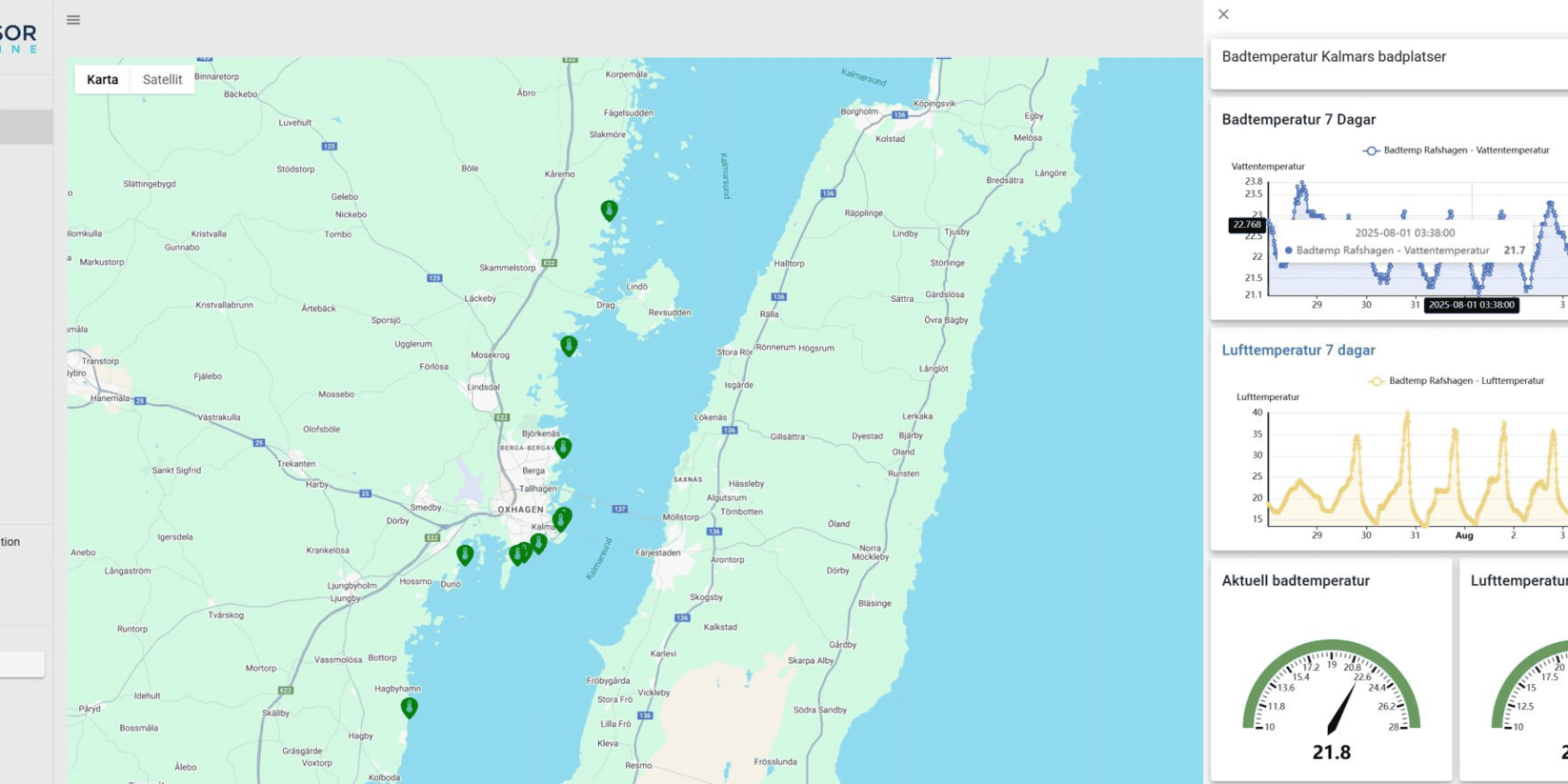 Interactive map showing sensor data on Google Maps platform for IoT applications.