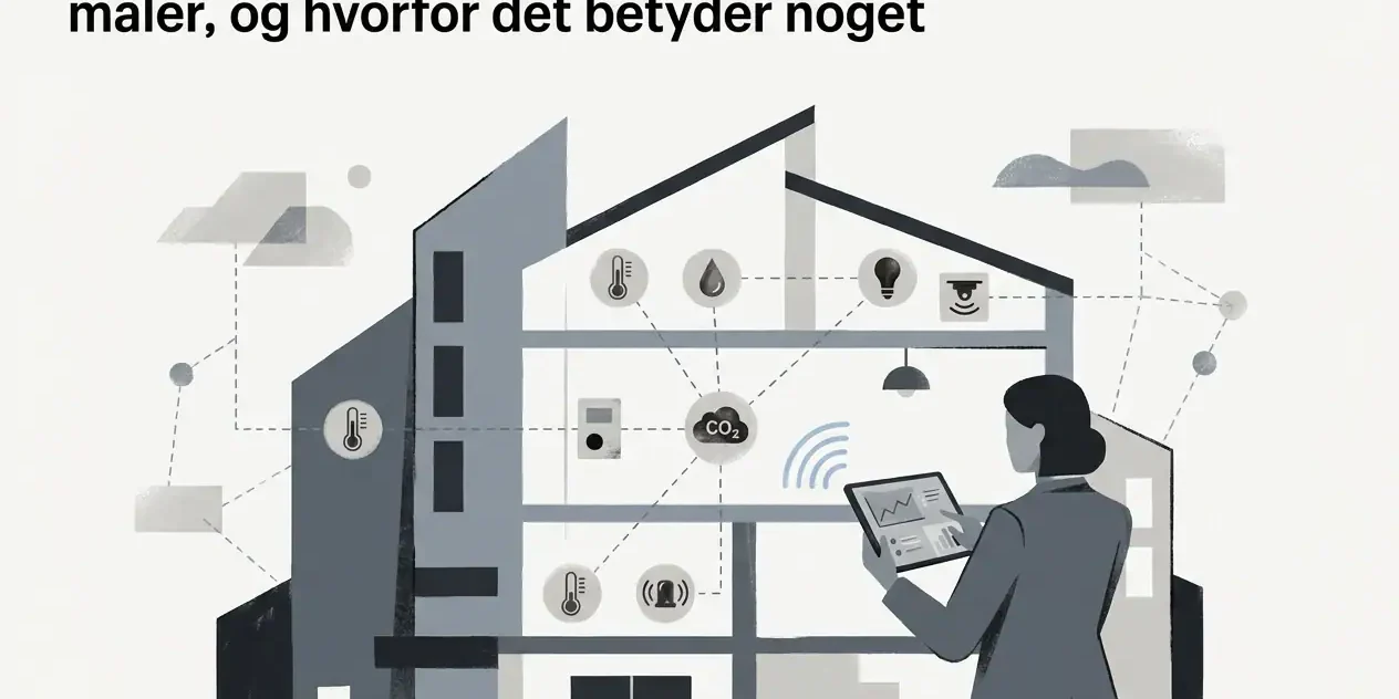 Professional header image for educational tutorial: Trådløs overvågning af bygninger: Hvad IoT-sensorer måler...