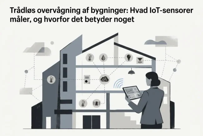 Professional header image for educational tutorial: Trådløs overvågning af bygninger: Hvad IoT-sensorer måler...