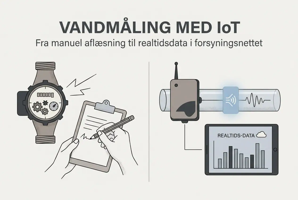 Professional header image for educational tutorial: Vandmåling med IoT: Fra manuel aflæsning til realtidsdata...