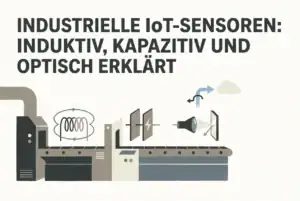 Professional header image for educational tutorial: Industrielle IoT-Sensoren: Induktiv, kapazitiv und optisc...