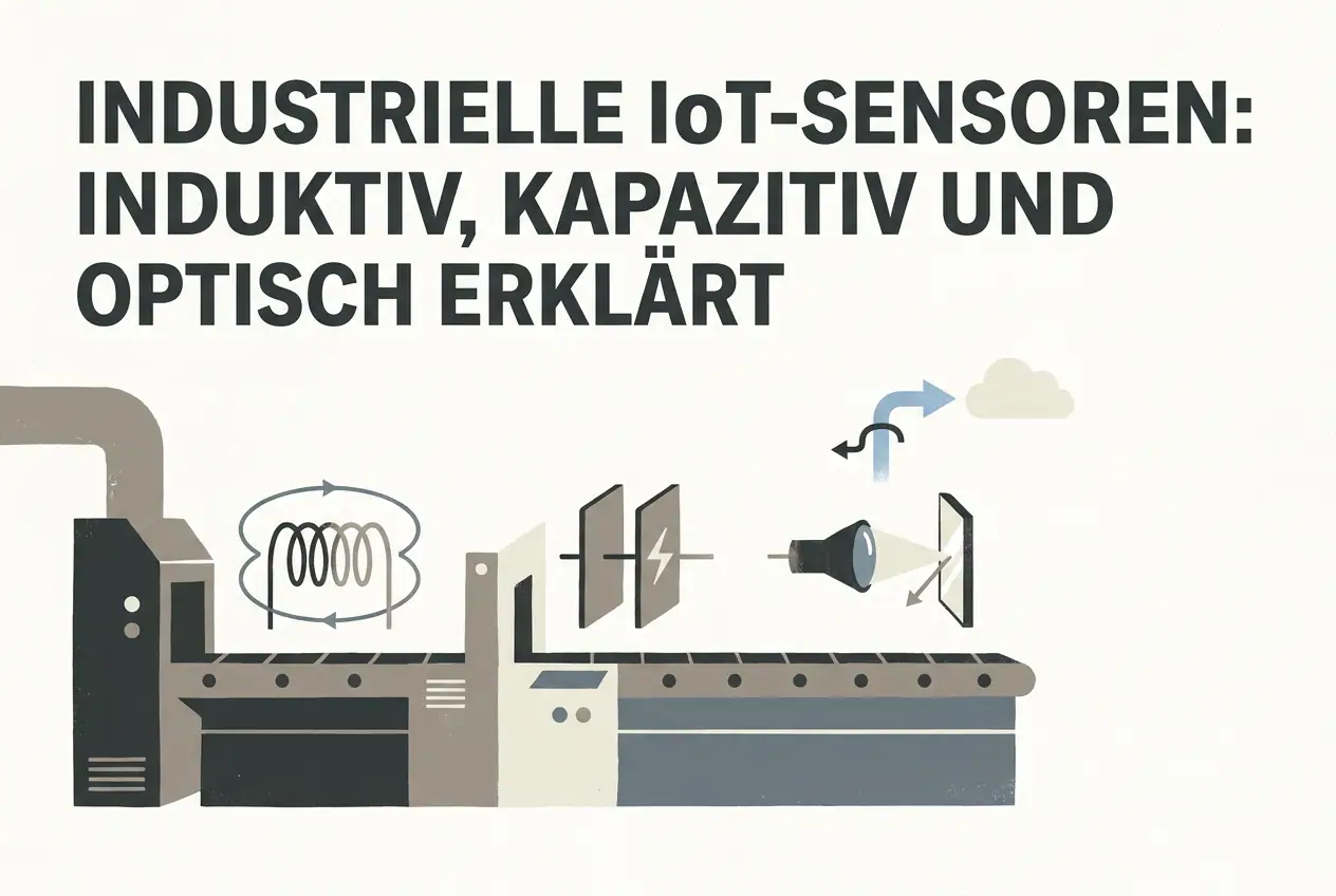 Professional header image for educational tutorial: Industrielle IoT-Sensoren: Induktiv, kapazitiv und optisc...