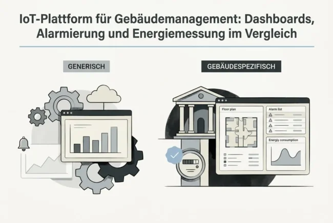 Professional header image for comparison analysis: IoT-Plattform für Gebäudemanagement: Dashboards, Alarmier...