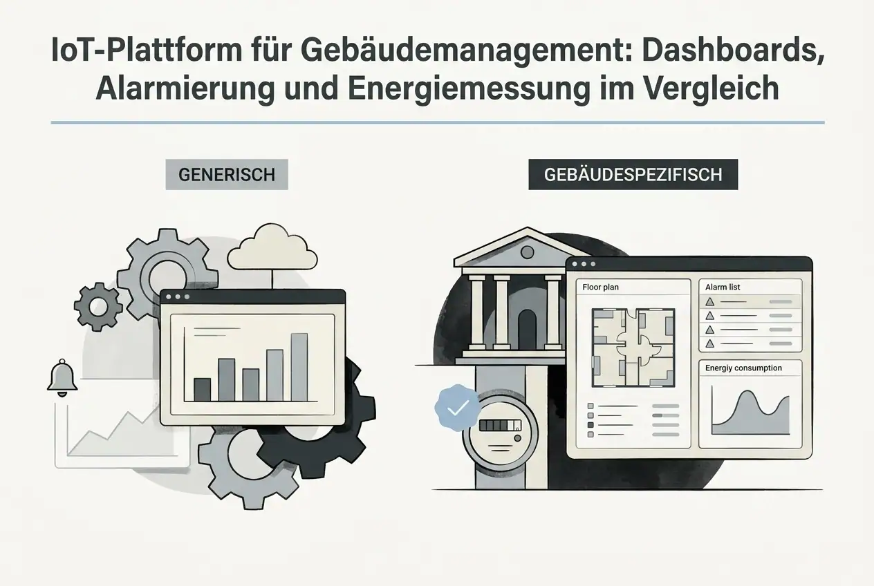 Professional header image for comparison analysis: IoT-Plattform für Gebäudemanagement: Dashboards, Alarmier...